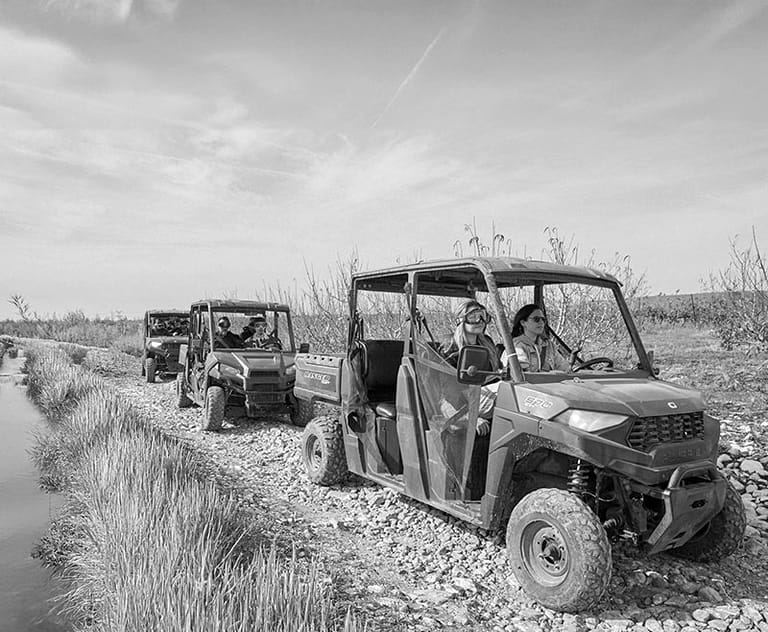 Two ATV buggies parked in open country outside the city