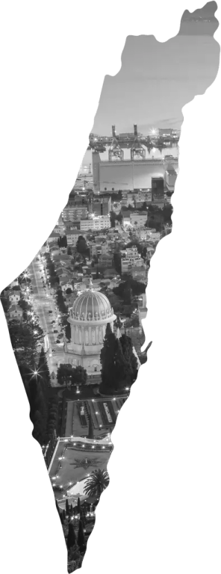 Israel in silhouette, filled with a photograph of Haifa